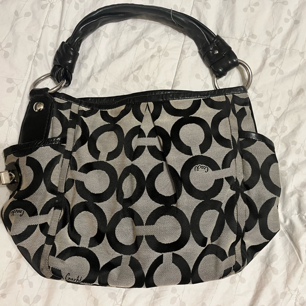 Vintage, Coach Parker hobo bag, black, and gray monogram.